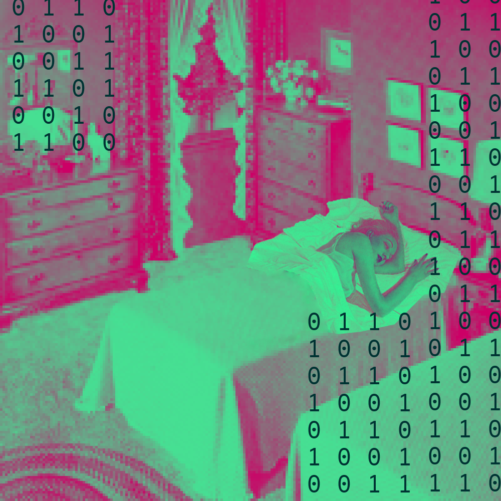 A girl sleeps in a twin-sized bed. The room dates to the 1950s and is blurry, compared to the woman's sharpened face. The entire photograph has a pink-green filter layed overtop, as well as binary code similar to the image of the party girls.