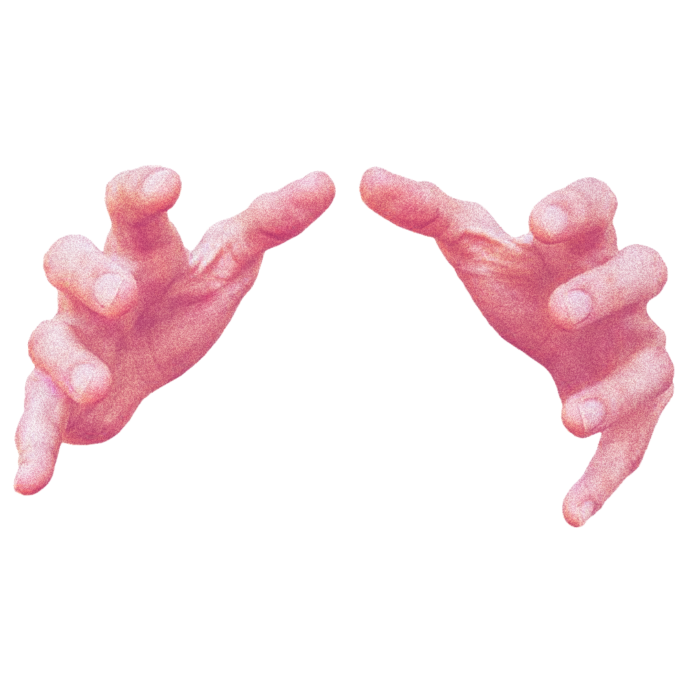 Two pink hands reach out to grab the words between them.