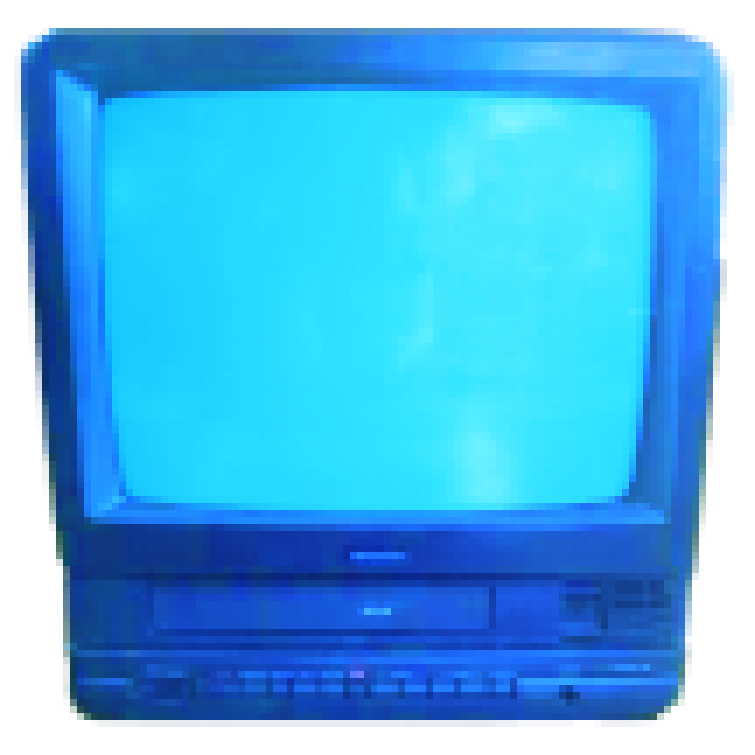 An old-fashioned box television, filtered blue and turned off.