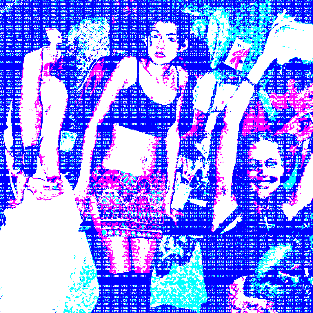 Brightly dyed neon collage of partygoers, specifically from photographs taken of ravers in the 1990s. Two girls hold focus: one in the center stares down the camera. The other rests in the bottom right corner of the image, arms up in the air as she dances. Both seem entranced by music and atmosphere. The entire image is obsecured by an overlay of binary code.