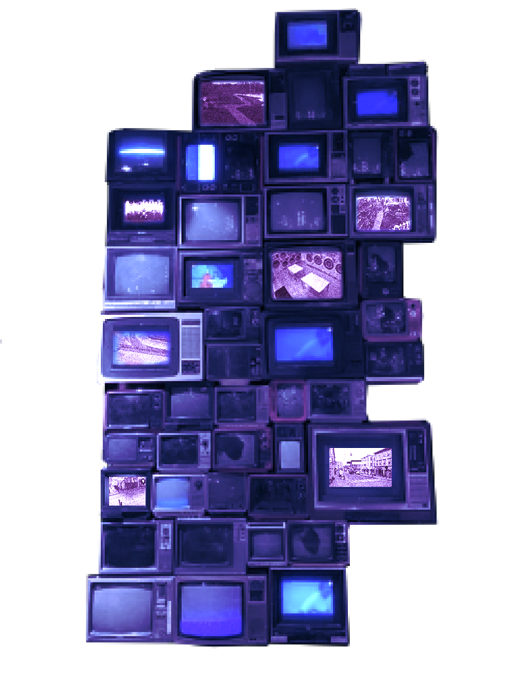 A tower of purple television screens, some short-circuiting. Some display security footage from around the world: The Netherlands, Korea, America.