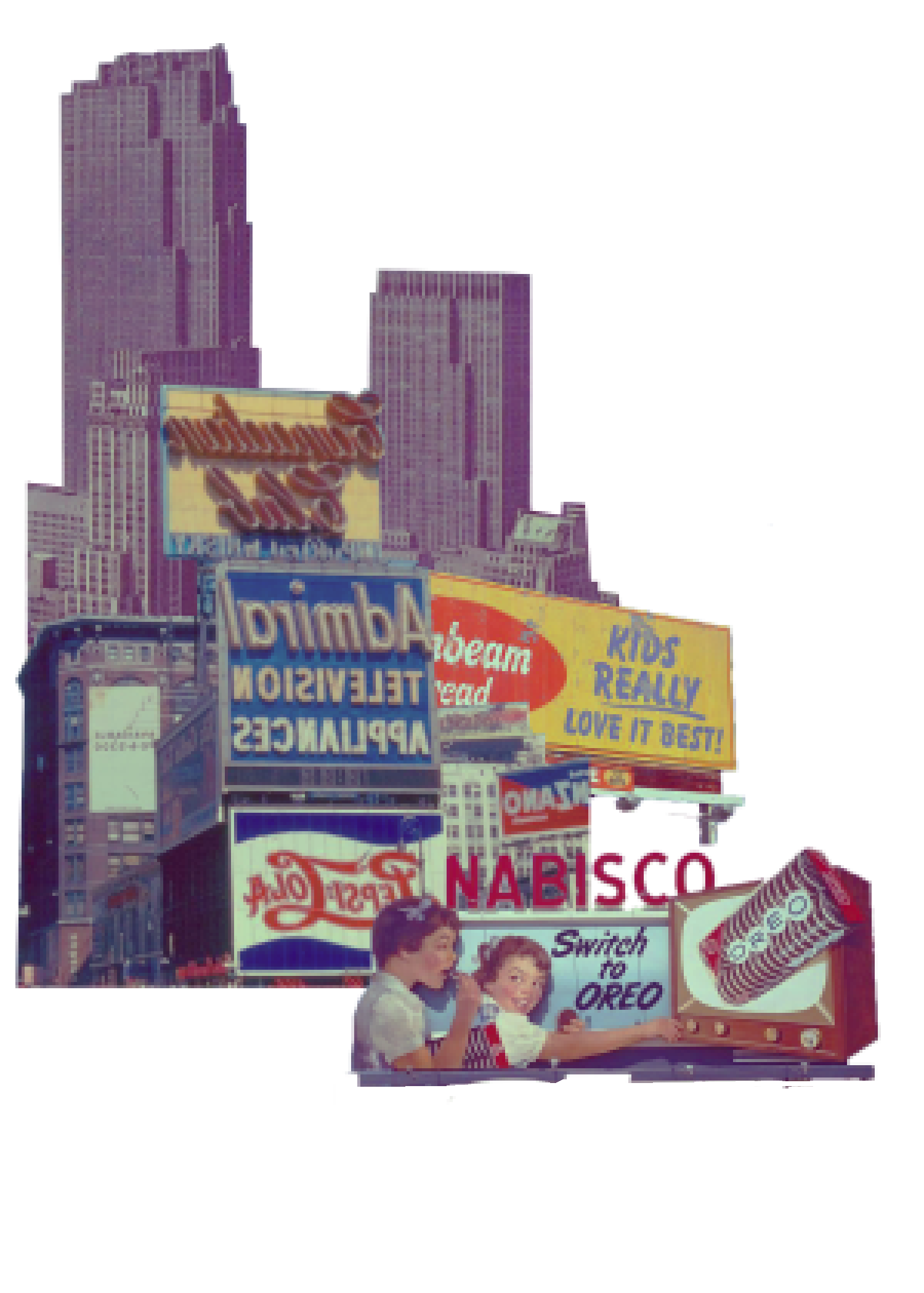 A series of collaged skyscrapers and vintage billboards make up an incomplete skyline.