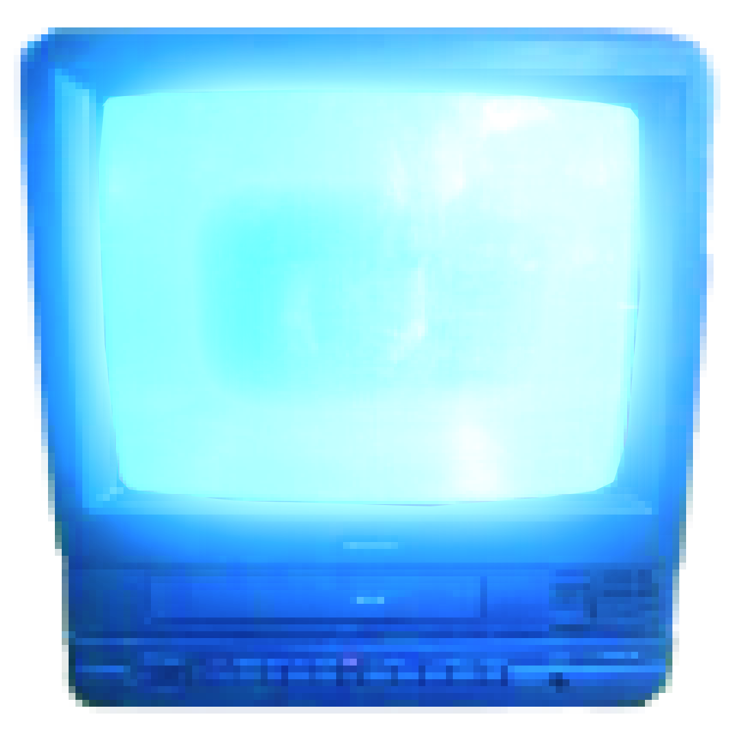 An old-fashioned box television, filtered blue - now turned on.